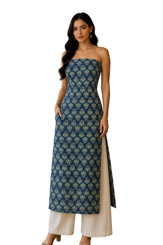 Ajrakh Modal Silk Natural Dye Hand Block Print Unstitched Kurta Fabric 2.50 Mtr Length - SKU : AI30101F