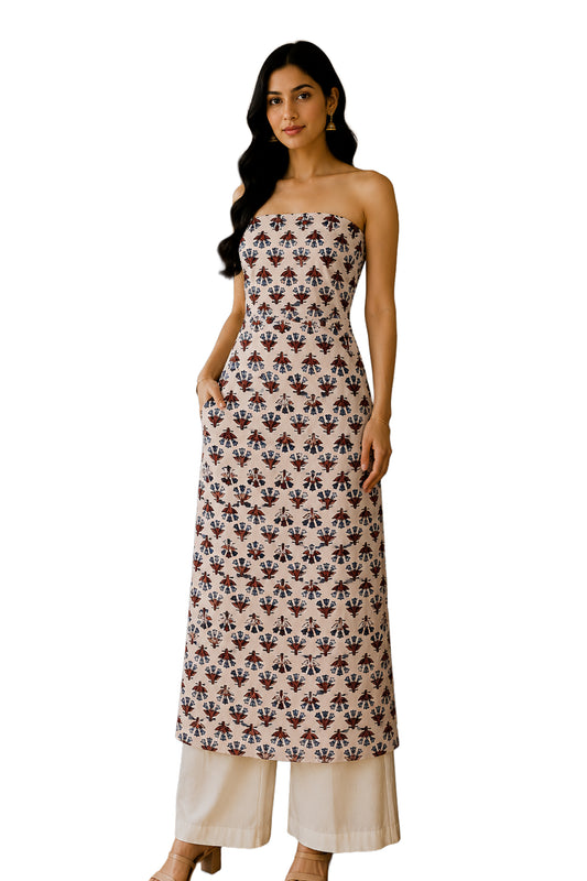 Ajrakh Modal Silk Natural Dye Hand Block Print Unstitched Kurta Fabric 3.00 Mtr Length - SKU : AI30102E