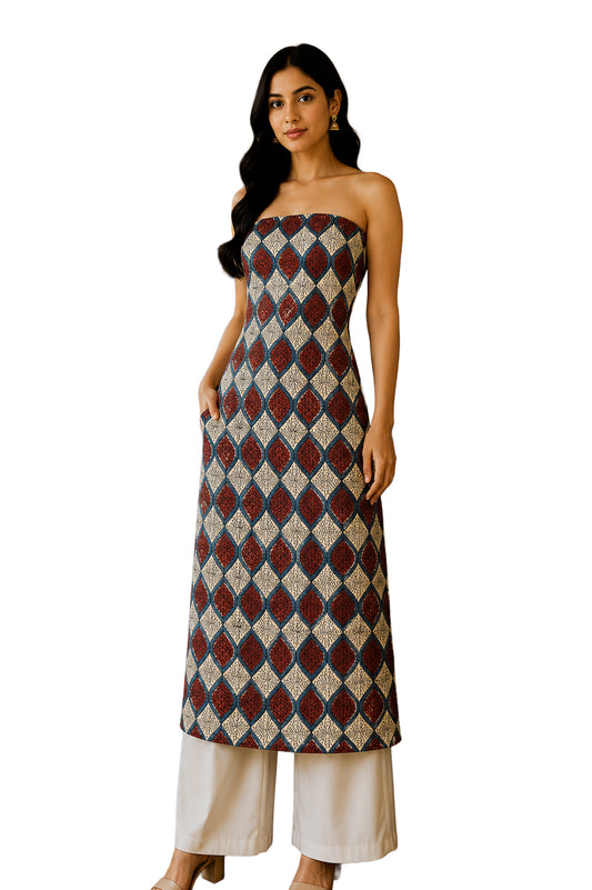 Ajrakh Modal Silk Natural Dye Hand Block Print Unstitched Kurta Fabric 2.5 Mtr Length - SKU : AI22501N