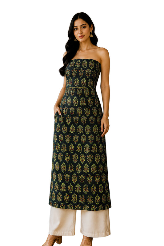 Ajrakh Modal Silk Natural Dye Hand Block Print Unstitched Kurta Fabric Mtr Length 2.5 Mtr Length - SKU : AI06401B
