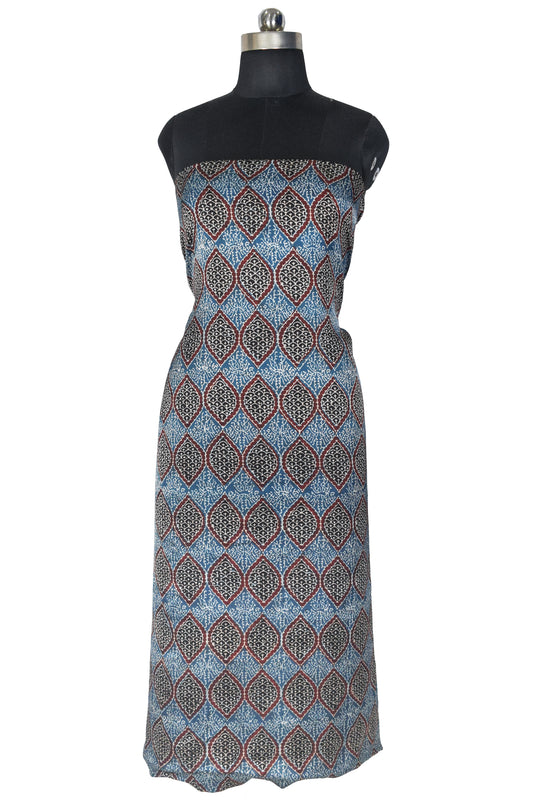 Ajrakh Modal Silk Natural Dye Hand Block Print Unstitched Kurta Fabric 2.5 Mtr Length - SKU : AI22501M