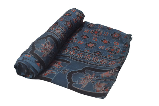Ajrakh Modal Silk Natural Dye Hand Block Print Unstitched Kurta Fabric 2.40 Mtr Length - SKU : KB28501A