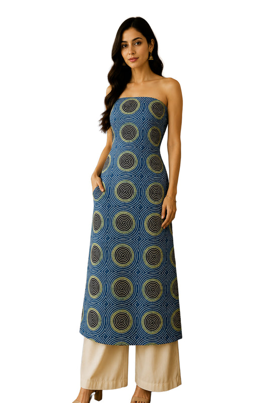 Ajrakh Modal Silk Natural Dye Hand Block Print Unstitched Kurta Fabric Mtr Length 2.5 Mtr Length - SKU : AI06401P