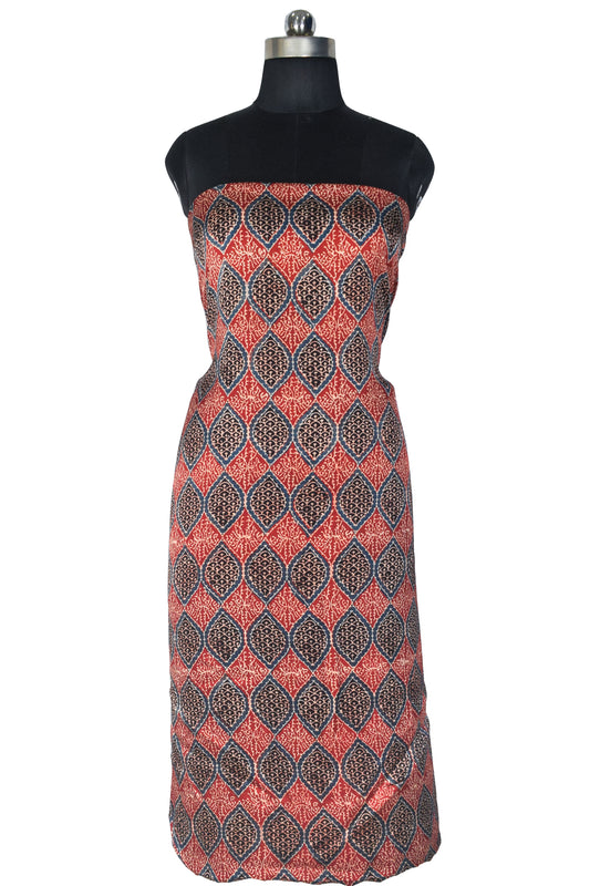 Ajrakh Modal Silk Natural Dye Hand Block Print Unstitched Kurta Fabric 3.0 Mtr Length - SKU : AI22502L