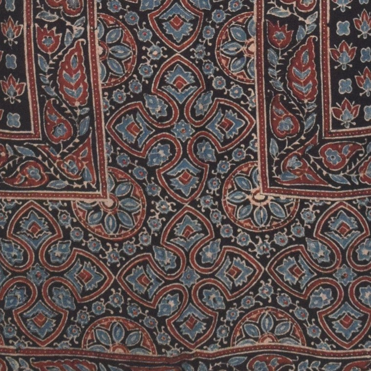 Ajrakh Kala Cotton Natural Dye Three Colour Print ( 3 Kam ) Hand Block Print Unstitched Kurta Fabric 2.4 Mtr Length - SKU : DB16C01C