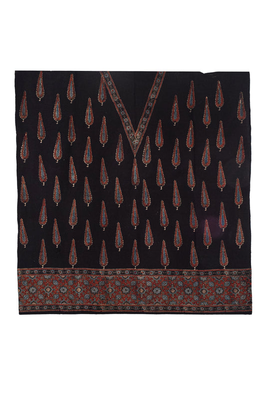 Ajrakh Kala Cotton Natural Dye Three Colour Print ( 3 Kam ) Hand Block Print Unstitched Kurta Fabric 2.4 Mtr Length - SKU : DB16C01I