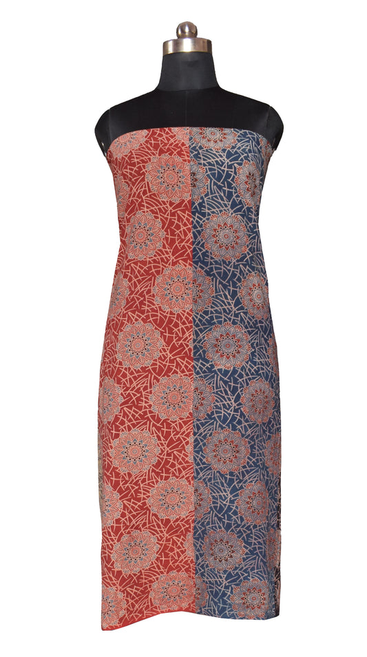 Ajrakh Cotton Natural Dye Applique Work Unstitched Kurta Fabric Mtr Length 2.5 Mtr Length - SKU : EK18B02B