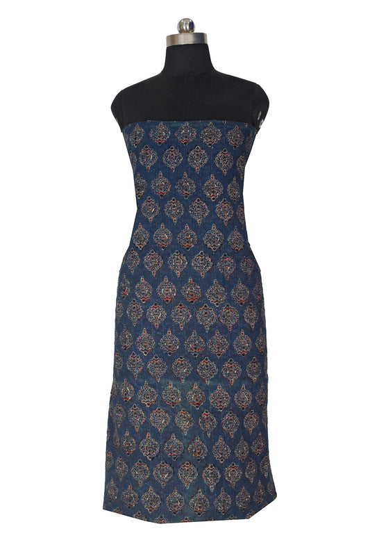 Ajrakh Cotton Natural Dye Hakoba Design Hand Block Print Unstitched Kurta Fabric Mtr Length 1.5 Mtr Length - SKU : AI06A05F