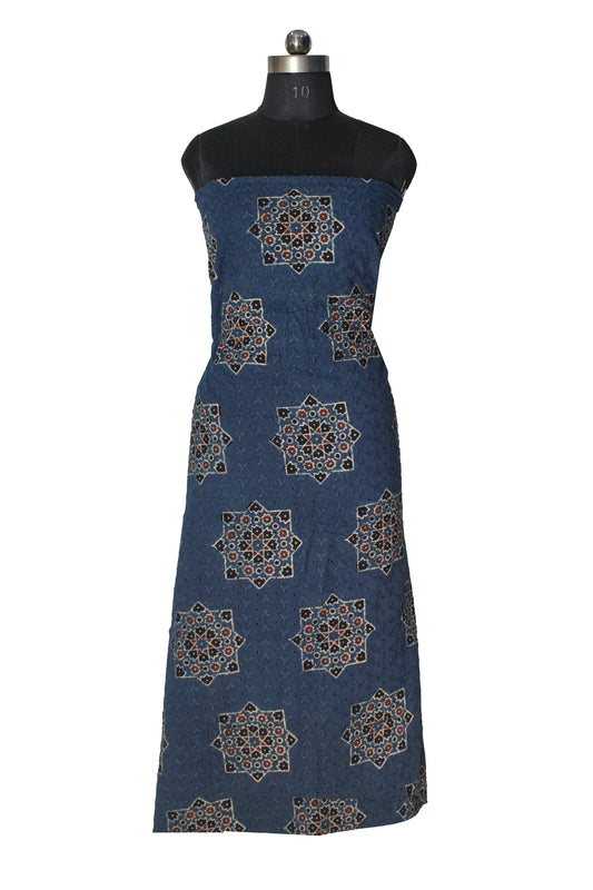 Ajrakh Cotton Natural Dye Hakoba Design Hand Block Print Unstitched Kurta Fabric Mtr Length 3 Mtr Length - SKU : MK12902B