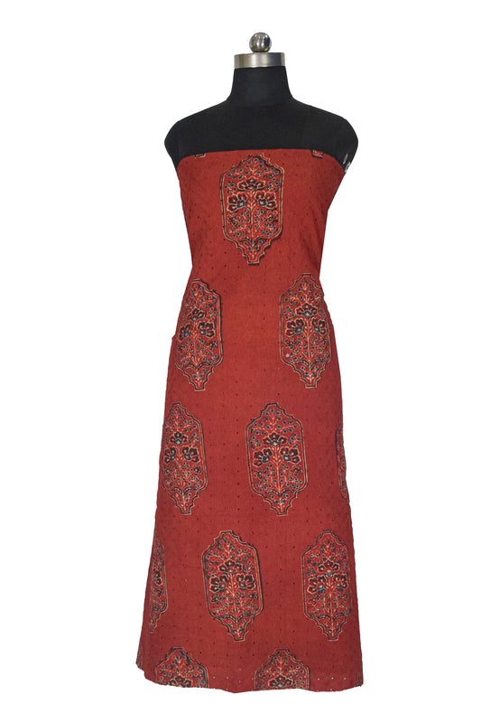 Ajrakh Cotton Natural Dye Hakoba Design Hand Block Print Unstitched Kurta Fabric Mtr Length 3 Mtr Length - SKU : MK12902A