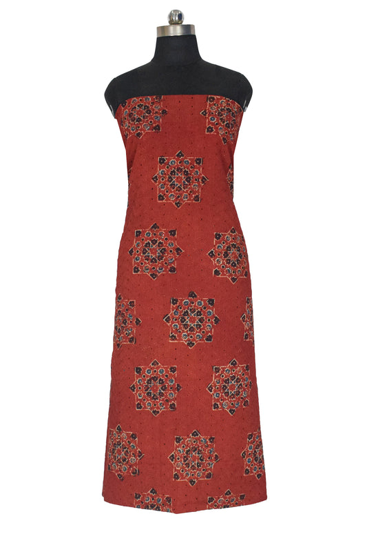 Ajrakh Cotton Natural Dye Hakoba Design Hand Block Print Unstitched Kurta Fabric Mtr Length 2.75 Mtr Length - SKU : MK12903H
