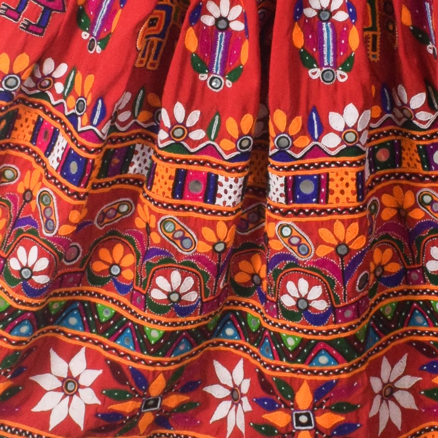 Hand Embroidery Nylon Hand Embroidered Mirror Work Garba Skirt - 3.2 Mtr Flare (Gher) - SKU : VD10A01A
