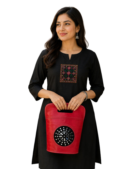 Leather Craft Punch Work Pure Leather Mirrorwork Handbags - 36 cms Length - SKU : AB11601A