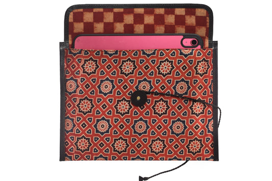 Ajrakh Pure Leather Leathercraft Hand Made Ipad Sleeve with Ajrakh Natural Dyed Mashru Silk Body - 32 cms Length - SKU : AB02101A