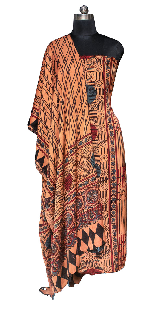 Ajrakh Modal Silk Natural Dye Hand Block Print Kurta-Dupatta (Two Piece Set) with Full Ajrakh Heavy Dupatta with Tassels - SKU : ID25701M