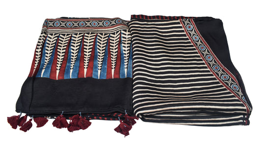 Ajrakh Modal Silk Natural Dye Three Colour Print | 3 Kam | Hand Block Print Kurta-Dupatta (Two Piece Set) with Full Ajrakh Heavy Dupatta with Tassels - 2.5 Mtr Length - SKU : AI10601P