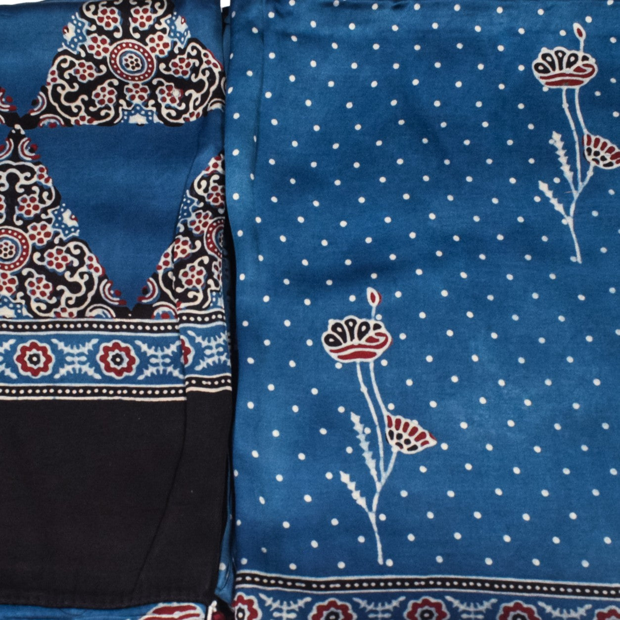 Ajrakh Modal Silk Natural Dye Three Colour Print | 3 Kam | Hand Block Print Kurta-Dupatta (Two Piece Set) with Full Ajrakh Heavy Dupatta with Tassels - 2.5 Mtr Length - SKU : AI10601U