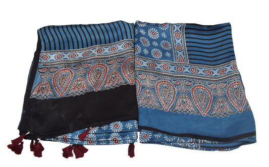 Ajrakh Modal Silk Natural Dye Three Colour Print | 3 Kam | Hand Block Print Kurta-Dupatta (Two Piece Set) with Full Ajrakh Heavy Dupatta with Tassels - 2.5 Mtr Length - SKU : AI1060AA