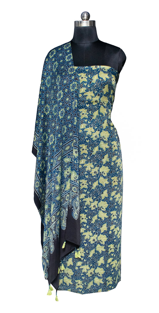 Ajrakh Modal Silk Natural Dye Hand Block Print Kurta-Dupatta (Two Piece Set) with Full Ajrakh Heavy Dupatta with Tassels - SKU : ID31701B