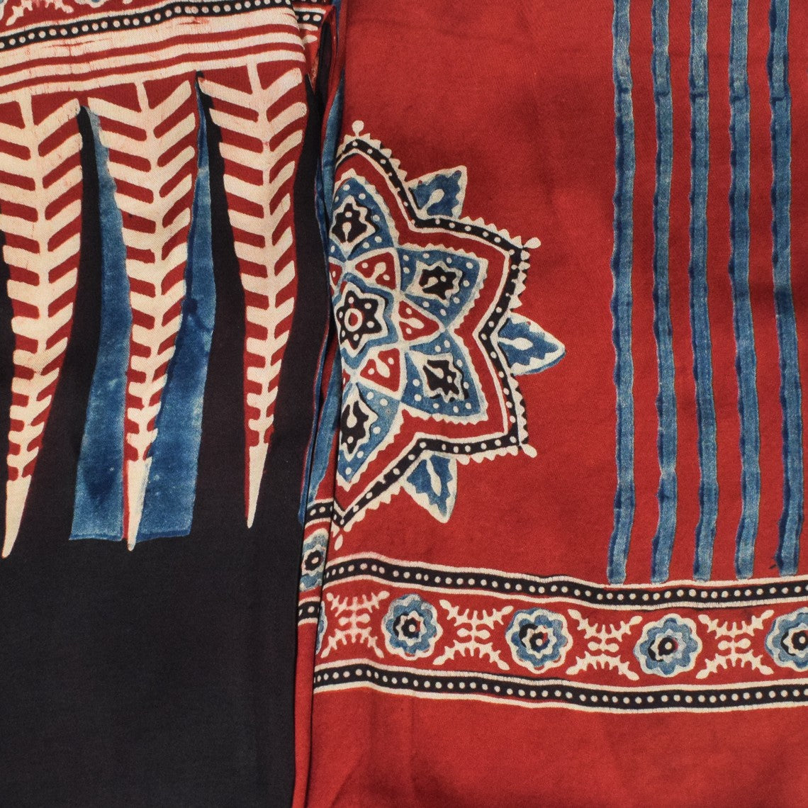 Ajrakh Modal Silk Natural Dye Three Colour Print | 3 Kam | Hand Block Print Kurta-Dupatta (Two Piece Set) with Full Ajrakh Heavy Dupatta with Tassels - 2.5 Mtr Length - SKU : AI10601H