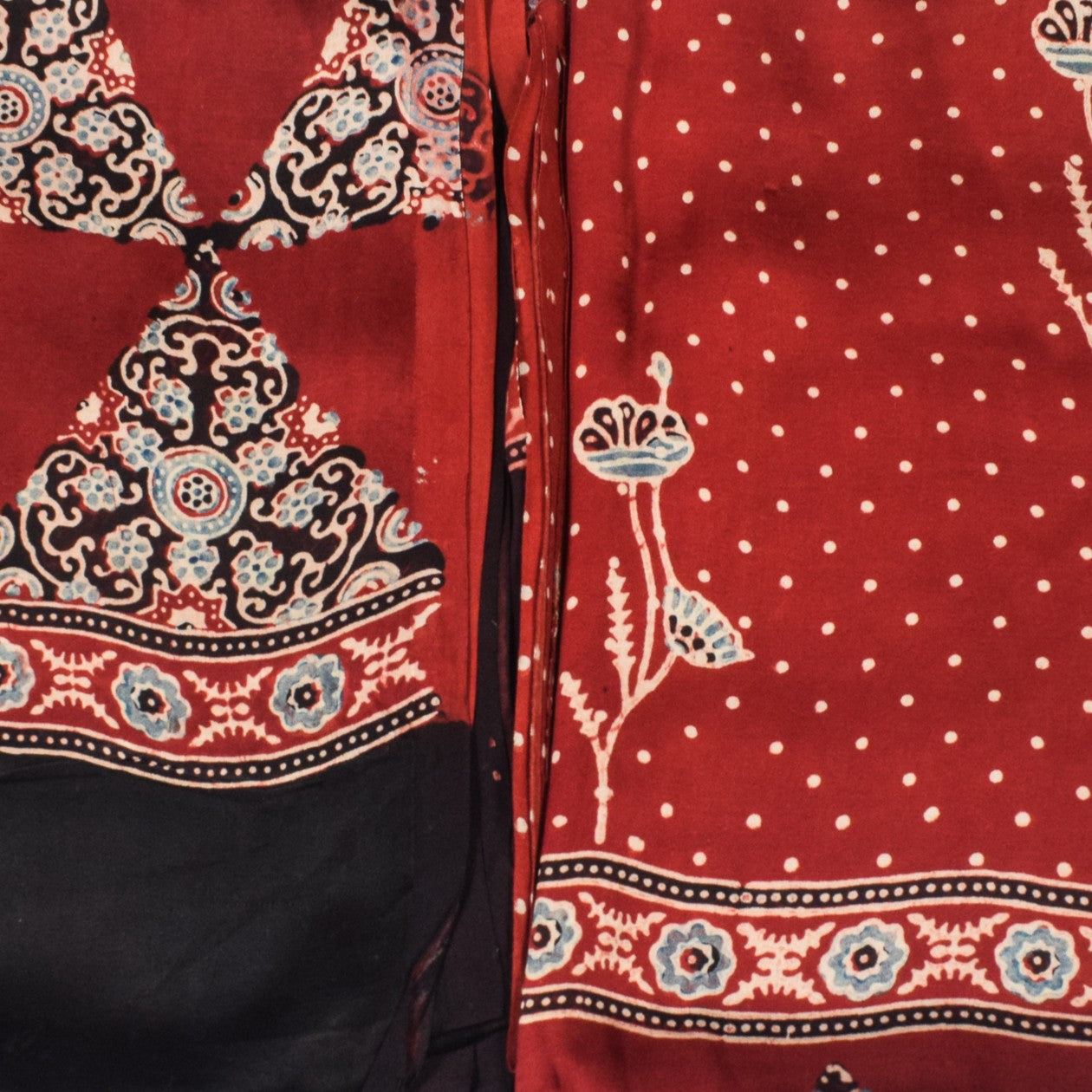 Ajrakh Modal Silk Natural Dye Three Colour Print | 3 Kam | Hand Block Print Kurta-Dupatta (Two Piece Set) with Full Ajrakh Heavy Dupatta with Tassels - 2.5 Mtr Length - SKU : AI10601Q