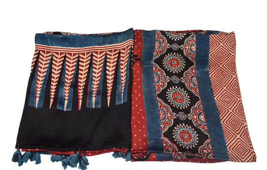 Ajrakh Modal Silk Natural Dye Three Colour Print | 3 Kam | Hand Block Print Kurta-Dupatta (Two Piece Set) with Full Ajrakh Heavy Dupatta with Tassels - 2.5 Mtr Length - SKU : AI10601T