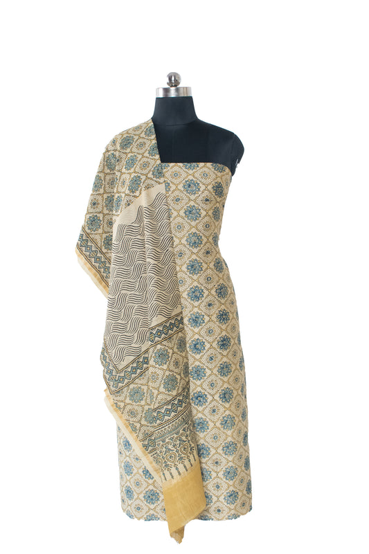 Ajrakh Chanderi Silk Natural Dye Hand Block Print Kurta-Dupatta (Two Piece Set) - 2.5 Mt Top - SKU : ID13302D