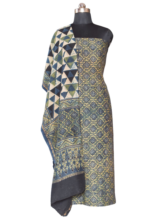 Ajrakh Chanderi Silk Natural Dye Hand Block Print Kurta-Dupatta (Two Piece Set) - SKU : ID05A01G