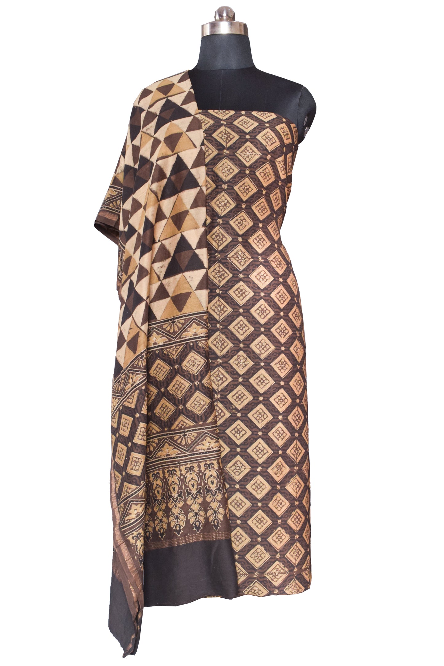 Ajrakh Chanderi Silk Natural Dye Hand Block Print Kurta-Dupatta (Two Piece Set)   - 2.5  Mt Top    -  SKU : ID05A01J