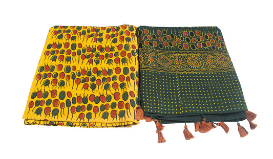 Ajrakh Cotton Natural Dye Hand Block Print Kurta-Dupatta (Two Piece Set) with Full Ajrakh Heavy Dupatta with Tassels - 2.5 Mt Top - SKU : ID22A02E