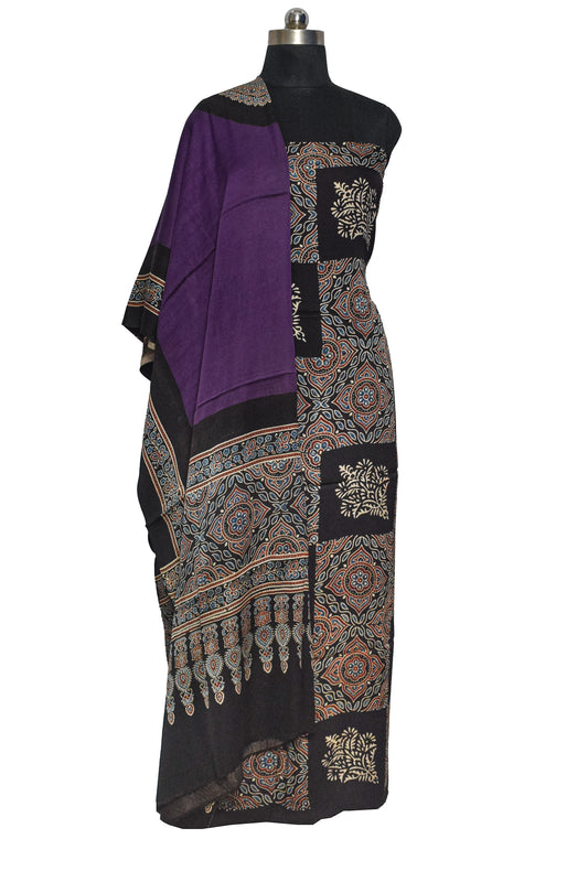 Ajrakh Modal Silk Part Natural Dye Plain Dyeing Ajrakh Border Dupatta Hand Block Print Kurta-Dupatta (Two Piece Set) with Tassels - 2.5 Mt Top - SKU : AI27801A