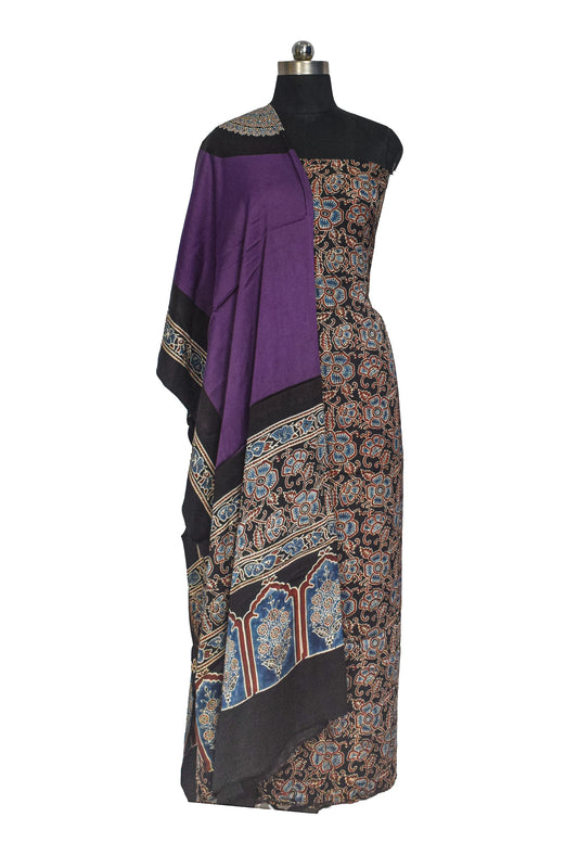 Ajrakh Modal Silk Part Natural Dye Plain Dyeing Ajrakh Border Dupatta Hand Block Print Kurta-Dupatta (Two Piece Set) with Tassels - 2.5 Mt Top - SKU : AI27801J