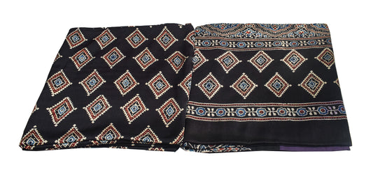 Ajrakh Modal Silk Part Natural Dye Plain Dyeing Ajrakh Border Dupatta Hand Block Print Kurta-Dupatta (Two Piece Set) with Tassels - 2.5 Mt Top - SKU : AI27801K