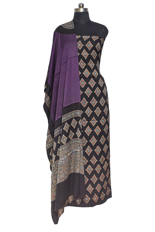 Ajrakh Modal Silk Part Natural Dye Plain Dyeing Ajrakh Border Dupatta Hand Block Print Kurta-Dupatta (Two Piece Set) with Tassels - 2.5 Mt Top - SKU : AI27801K