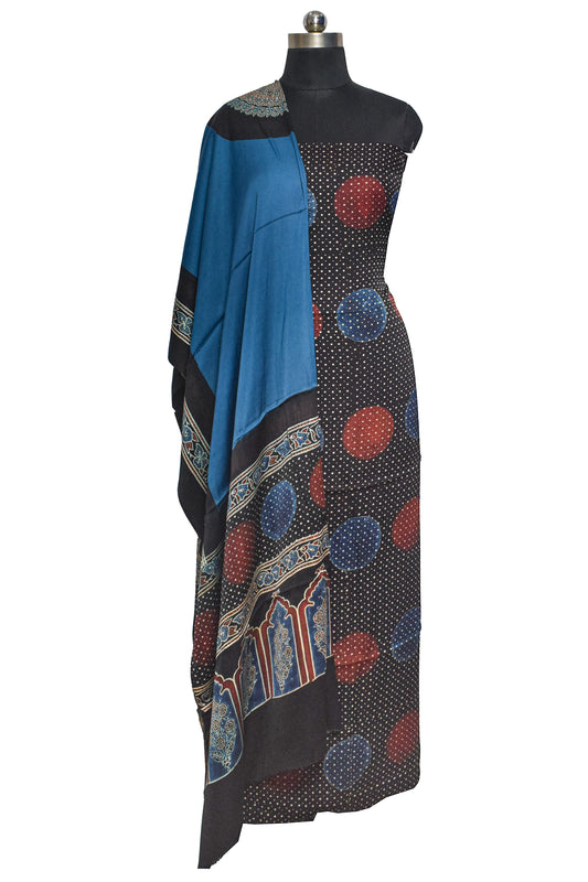 Ajrakh Modal Silk Part Natural Dye Plain Dyeing Ajrakh Border Dupatta Hand Block Print Kurta-Dupatta (Two Piece Set) with Tassels - 2.5 Mt Top - SKU : AI27801F