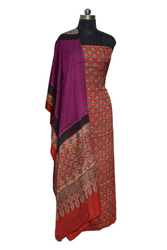 Ajrakh Modal Silk Part Natural Dye Plain Dyeing Ajrakh Border Dupatta Hand Block Print Kurta-Dupatta (Two Piece Set) with Tassels - 2.5 Mt Top - SKU : AI27801E