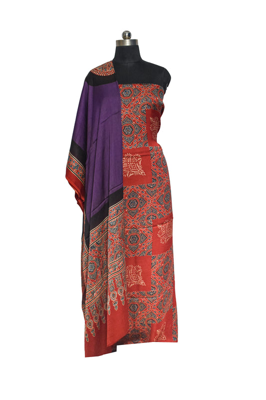 Ajrakh Modal Silk Part Natural Dye Plain Dyeing Ajrakh Border Dupatta Hand Block Print Kurta-Dupatta (Two Piece Set) with Tassels - 2.5 Mt Top - SKU : AI27801I