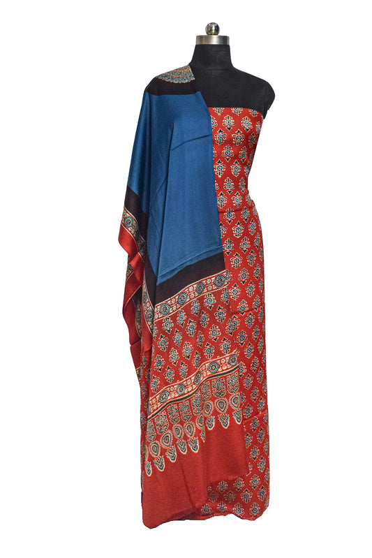 Ajrakh Modal Silk Part Natural Dye Plain Dyeing Ajrakh Border Dupatta Hand Block Print Kurta-Dupatta (Two Piece Set) with Tassels - 2.5 Mt Top - SKU : AI27801D
