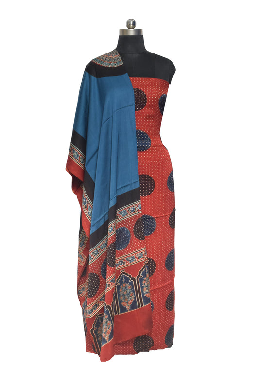 Ajrakh Modal Silk Part Natural Dye Plain Dyeing Ajrakh Border Dupatta Hand Block Print Kurta-Dupatta (Two Piece Set) with Tassels - 2.5 Mt Top - SKU : AI27801G
