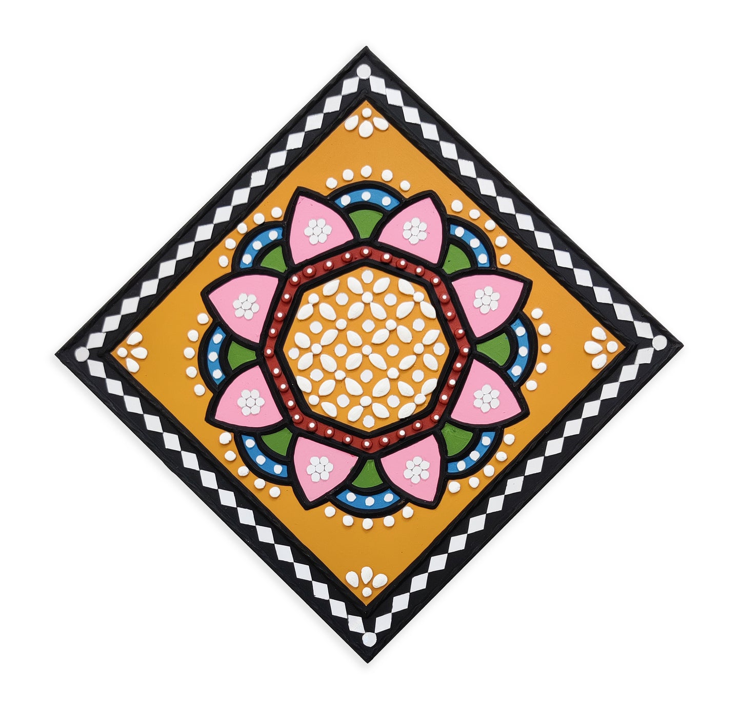 Square 12 Inch Traditional Kutch Handicraft Mud Mirror Art Lippan Kam - Traditional    -  SKU: 0233