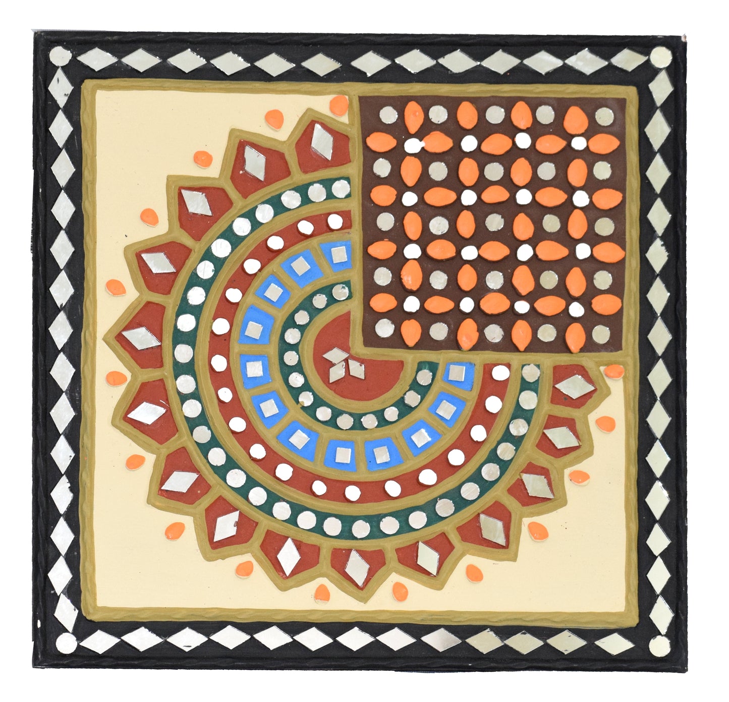 Square 12 Inch Traditional Kutch Handicraft Mud Mirror Art Lippan Kam - Traditional    -  SKU: 0238