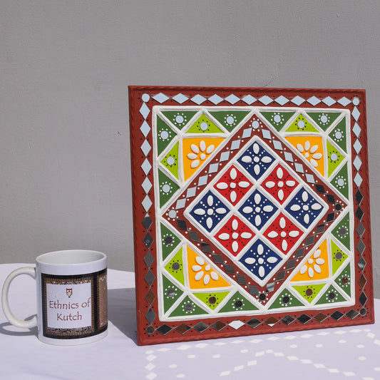 Traditional Kutch Handicraft Mud-Mirrorwork Lippan Kam Wall Art (Water and Break Resistant) - Square (12 inch x 12 inch) - SKU : LKT-0273