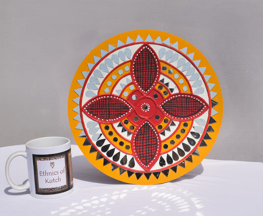 Traditional Kutch Handicraft Mud-Mirrorwork Lippan Kam Wall Art (Water and Break Resistant) - Round (12 Inch Diameter) - SKU : LKT-0275