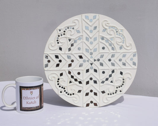 Traditional Kutch Handicraft Mud-Mirrorwork Lippan Kam Wall Art (Water and Break Resistant) - Round (12 Inch Diameter) - SKU : LKT-0278