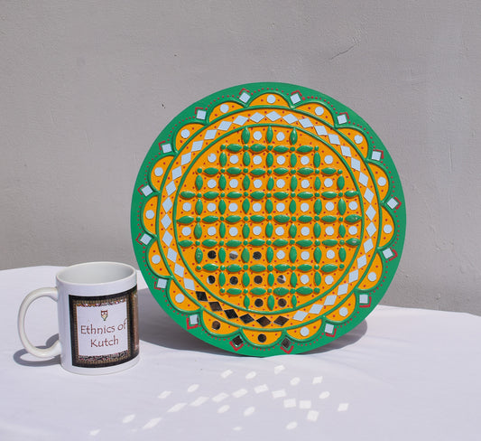 Traditional Kutch Handicraft Mud-Mirrorwork Lippan Kam Wall Art (Water and Break Resistant) - Round (12 Inch Diameter) - SKU : LKT-0281