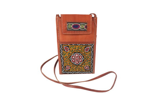 Ahir Work Pure Leather Leathercraft Hand Made Hand Embroidery Mobile Cover - 21 cms Height x - SKU : AB31A01A