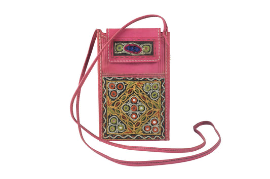 Ahir Work Pure Leather Leathercraft Hand Made Hand Embroidery Mobile Cover - 21 cms Height x - SKU : AB31A01B