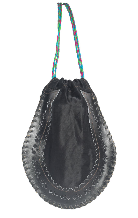 Leather Craft Punch Work Mashru Silk Leathercraft Hand Made Plain Dyeing Potli - 24 cms Length - SKU : AB08703B