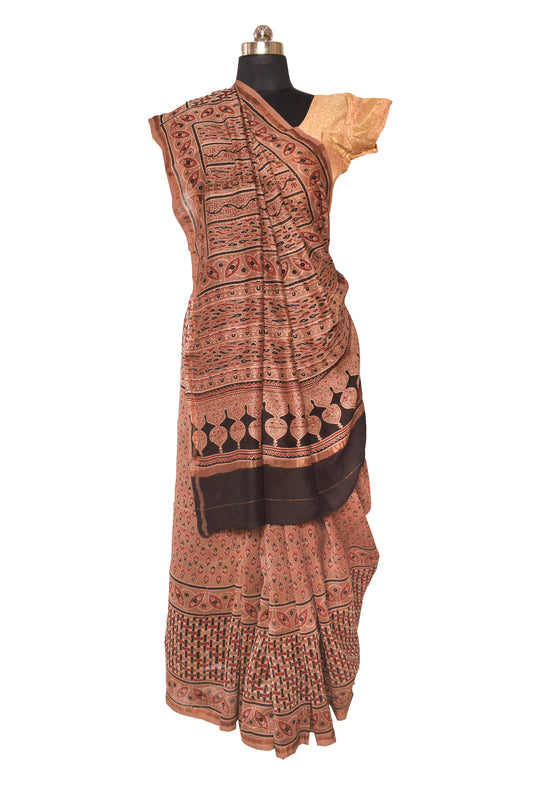 Ajrakh Chanderi Silk Natural Dye Hand Block Print Saree with Blouse Piece - 5.5 Mtr Length - SKU : JB01801D