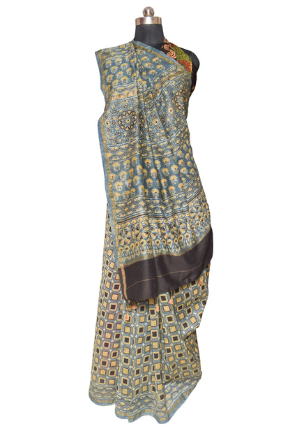 Ajrakh Chanderi Silk Natural Dye Hand Block Print Saree with Ajrakh Blouse Piece - 6 Mtr Length    -  SKU : ID27904A